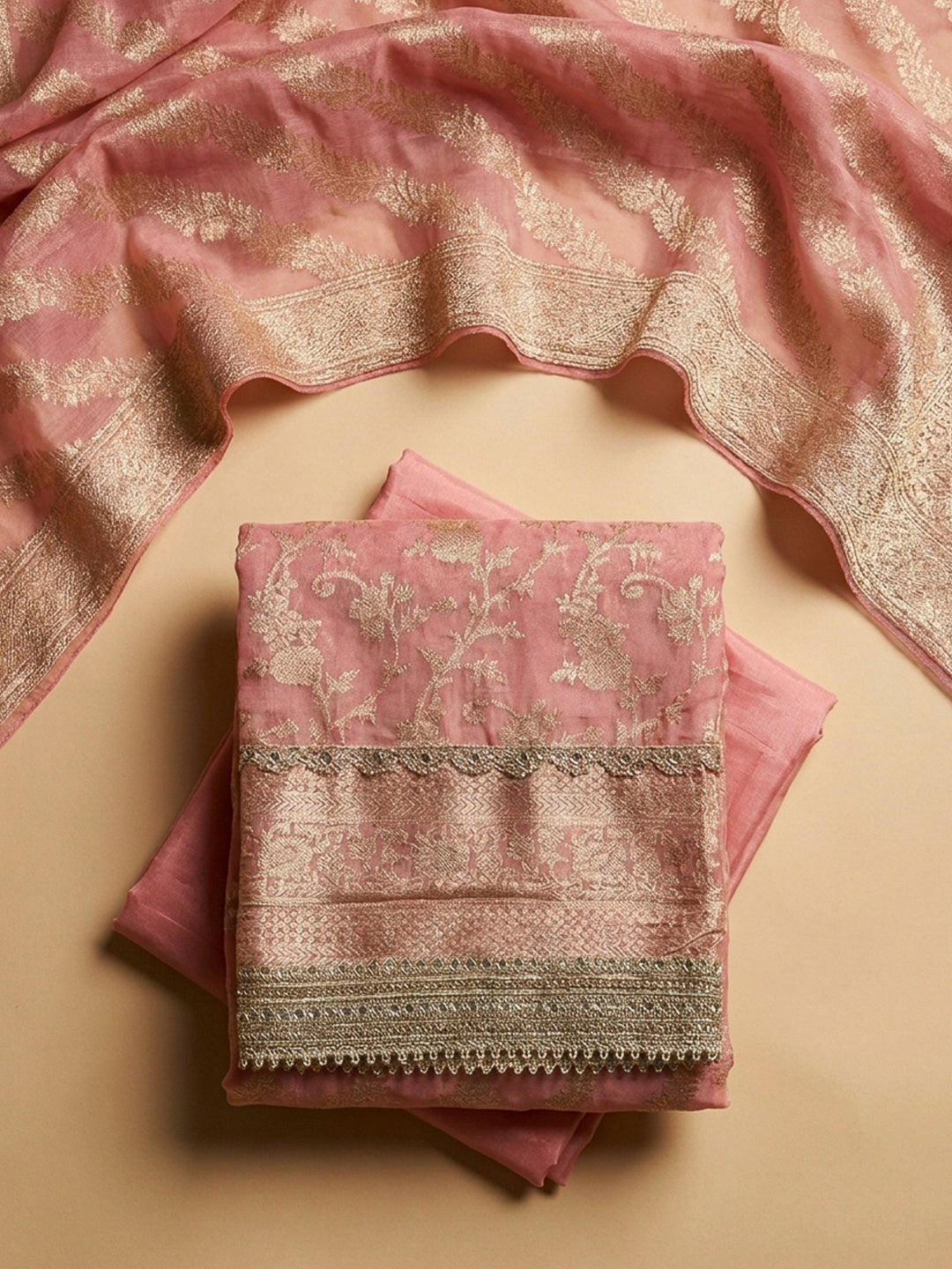 Peach Embroidery Chanderi Unstitched Dress Material