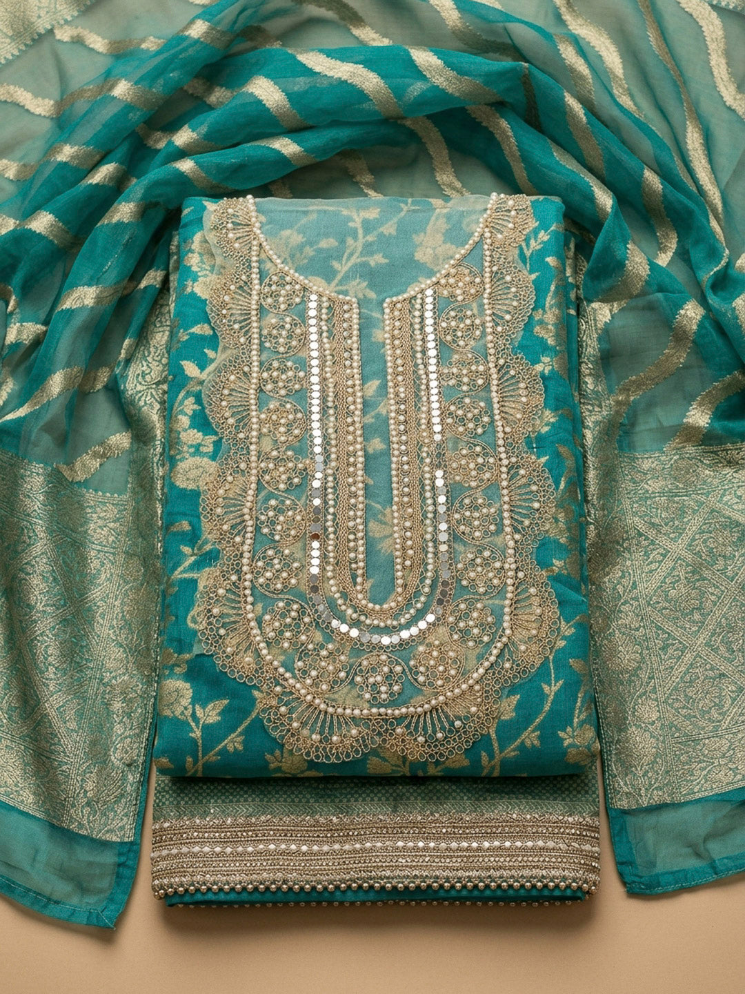 Rama Green Embroidery Chanderi Unstitched Dress Material