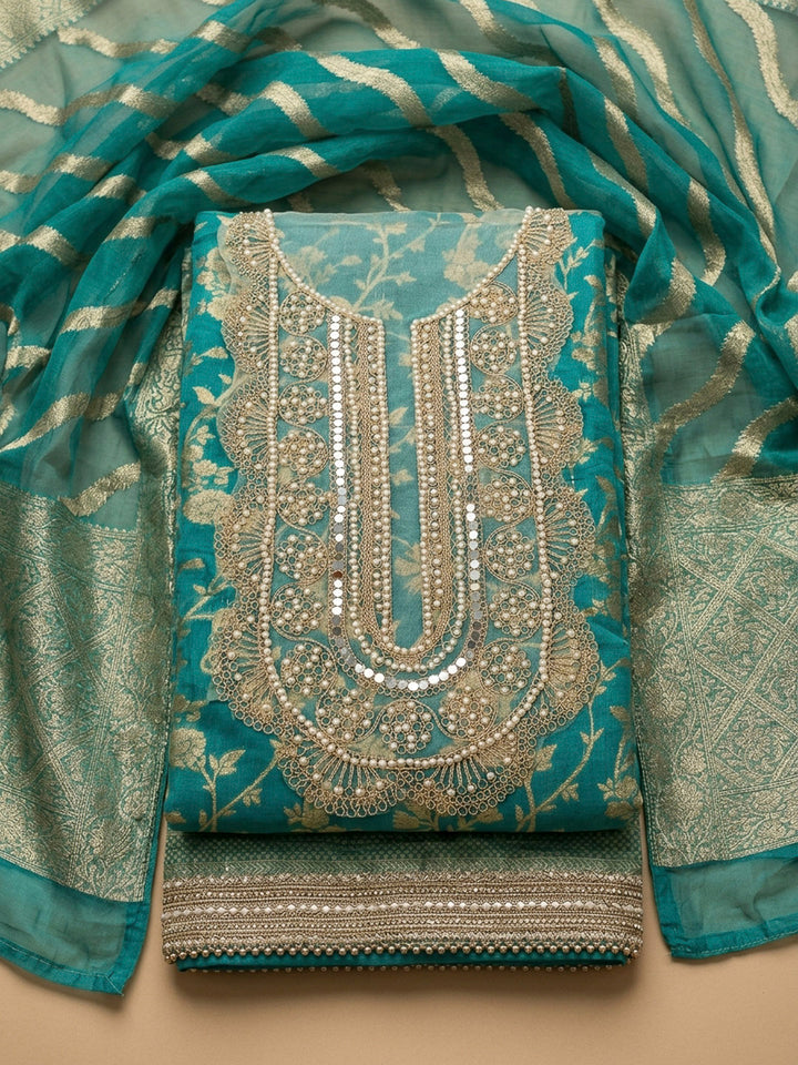Rama Green Embroidery Chanderi Unstitched Dress Material