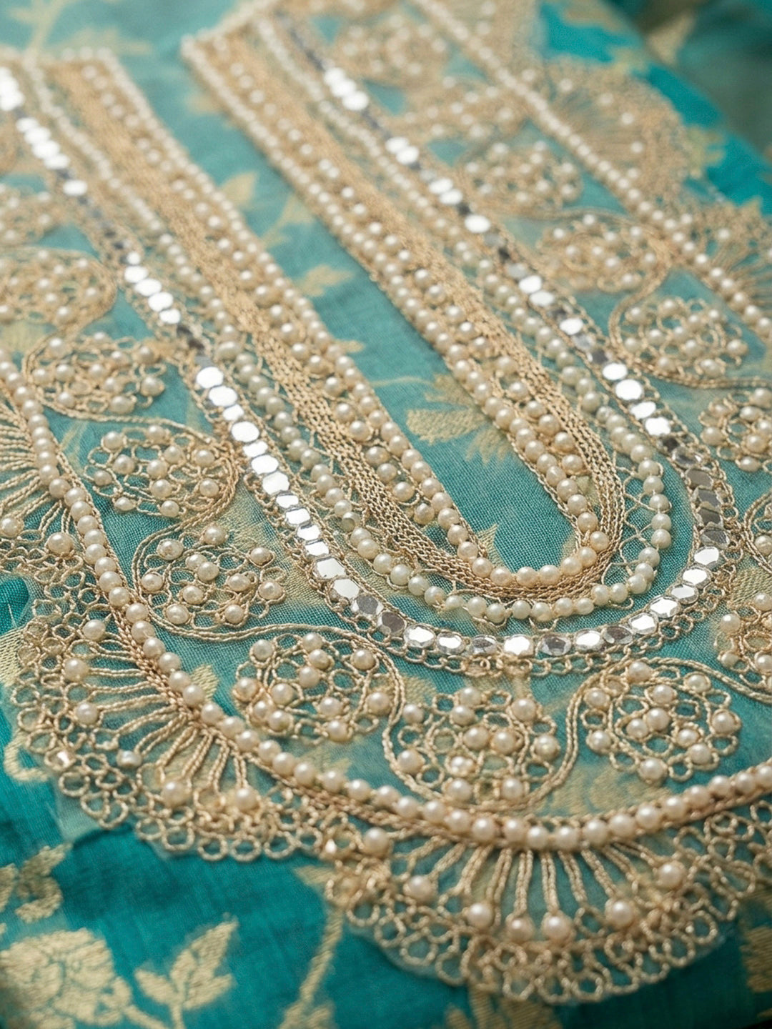 Rama Green Embroidery Chanderi Unstitched Dress Material