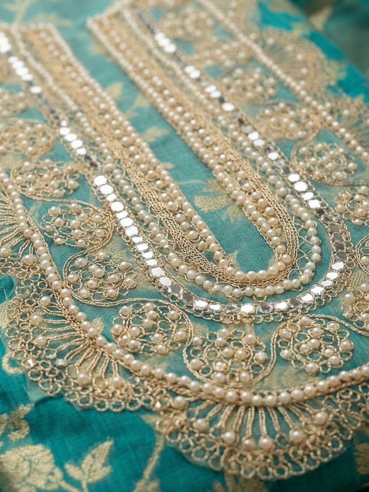 Rama Green Embroidery Chanderi Unstitched Dress Material