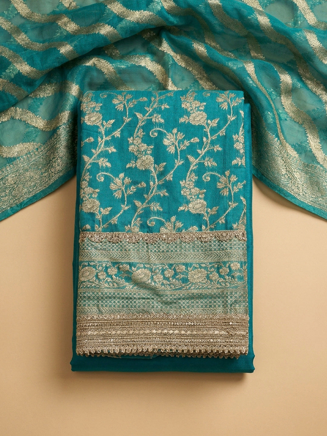 Rama Green Embroidery Chanderi Unstitched Dress Material