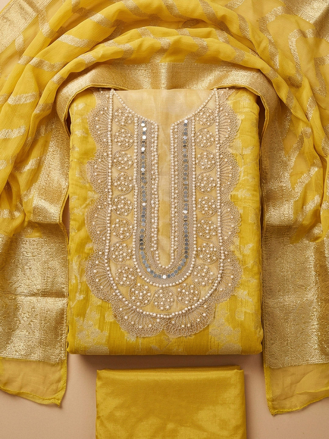 Yellow Embroidery Chanderi Unstitched Dress Material