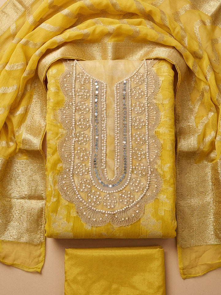Yellow Embroidery Chanderi Unstitched Dress Material