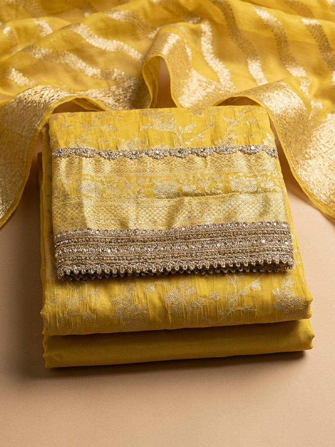 Yellow Embroidery Chanderi Unstitched Dress Material