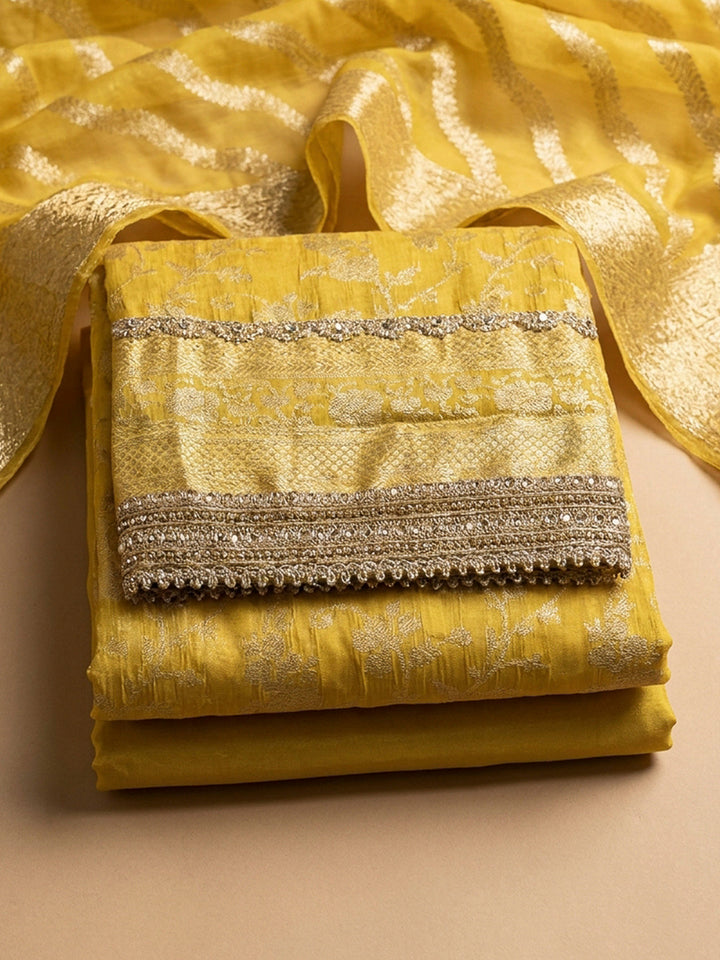 Yellow Embroidery Chanderi Unstitched Dress Material