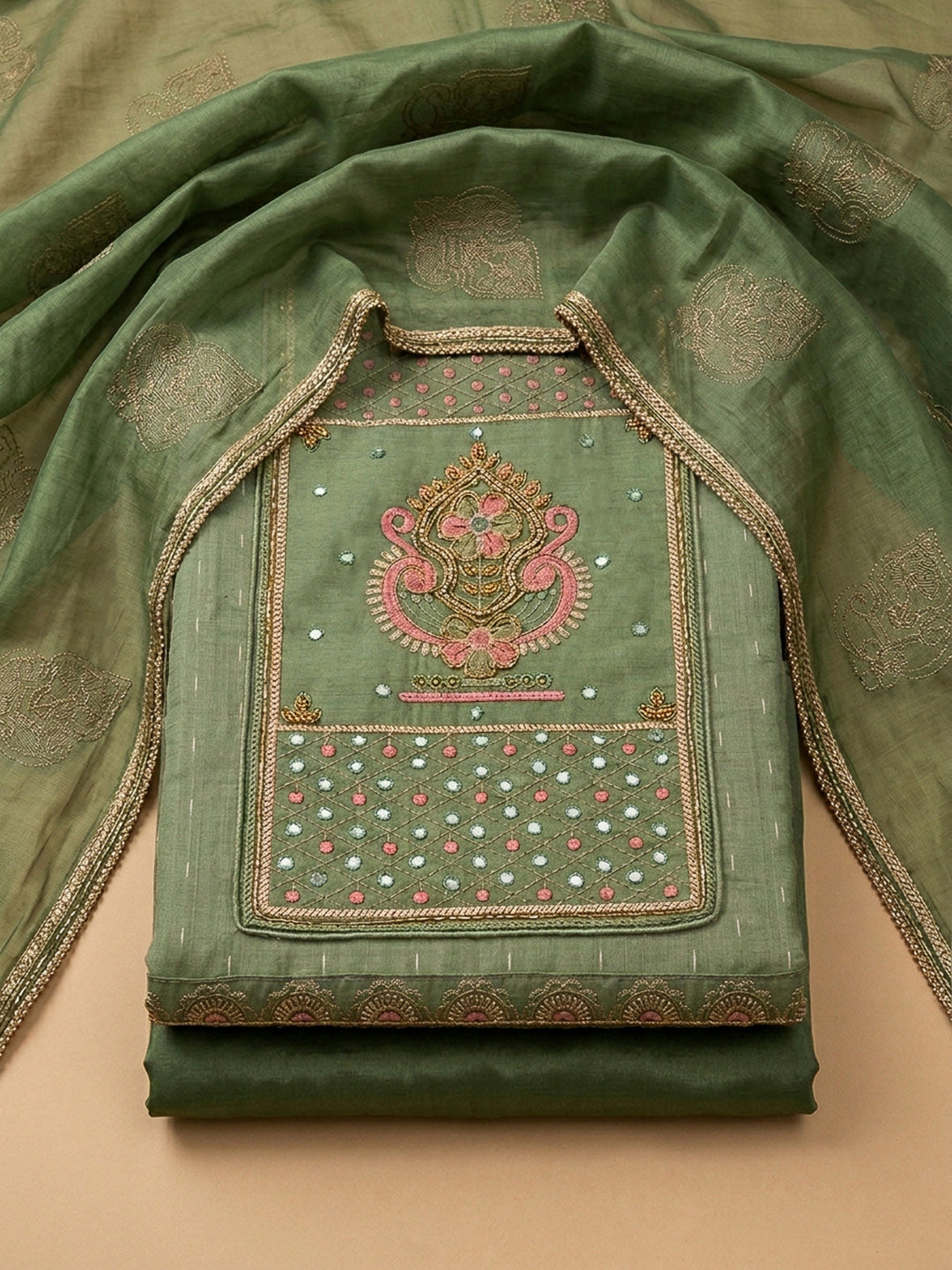 Aqua Green Yoke Embroidery Chanderi Unstitched Dress Material