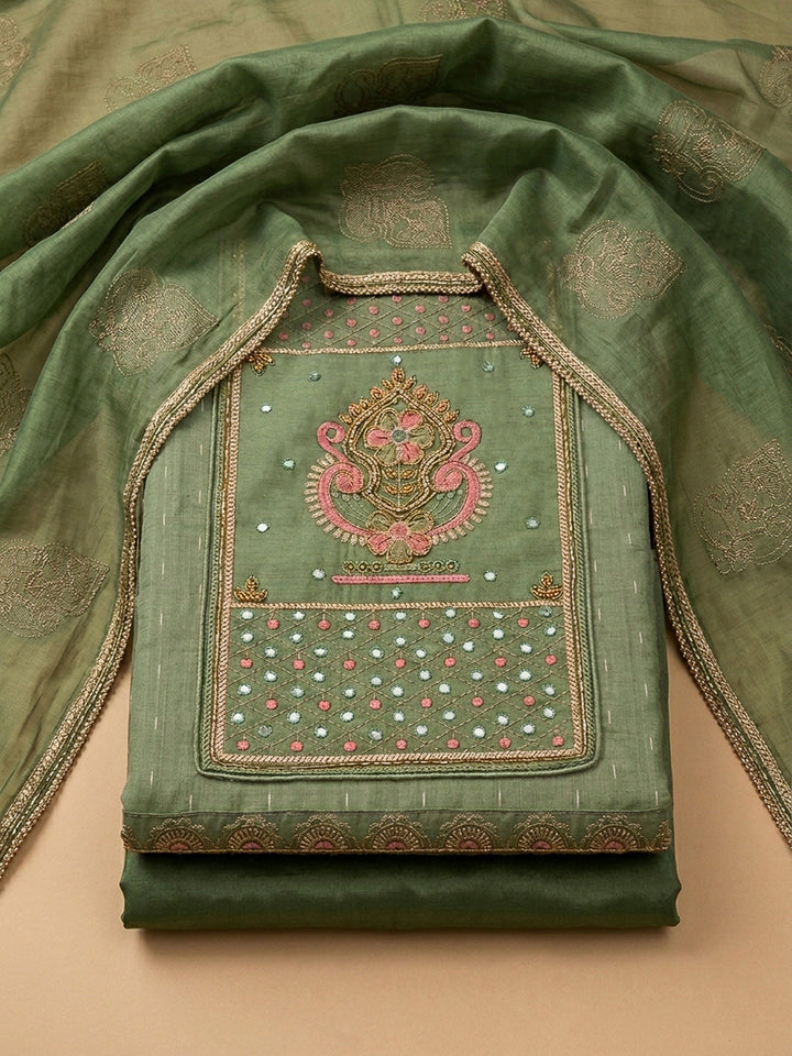 Aqua Green Yoke Embroidery Chanderi Unstitched Dress Material