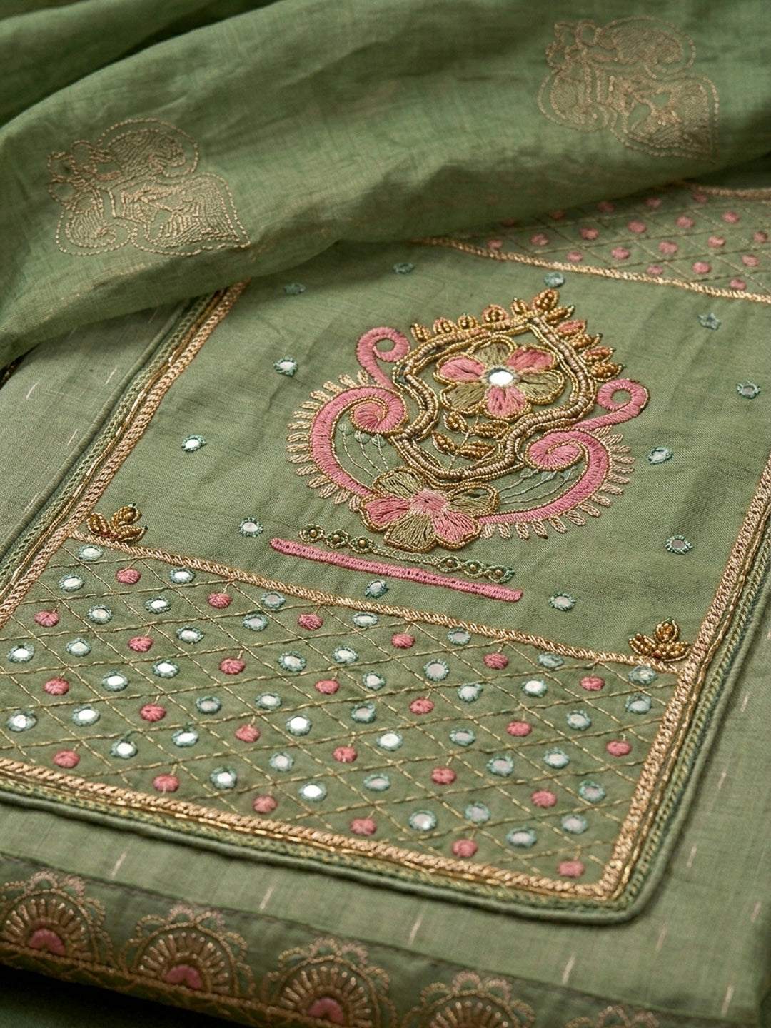 Aqua Green Yoke Embroidery Chanderi Unstitched Dress Material