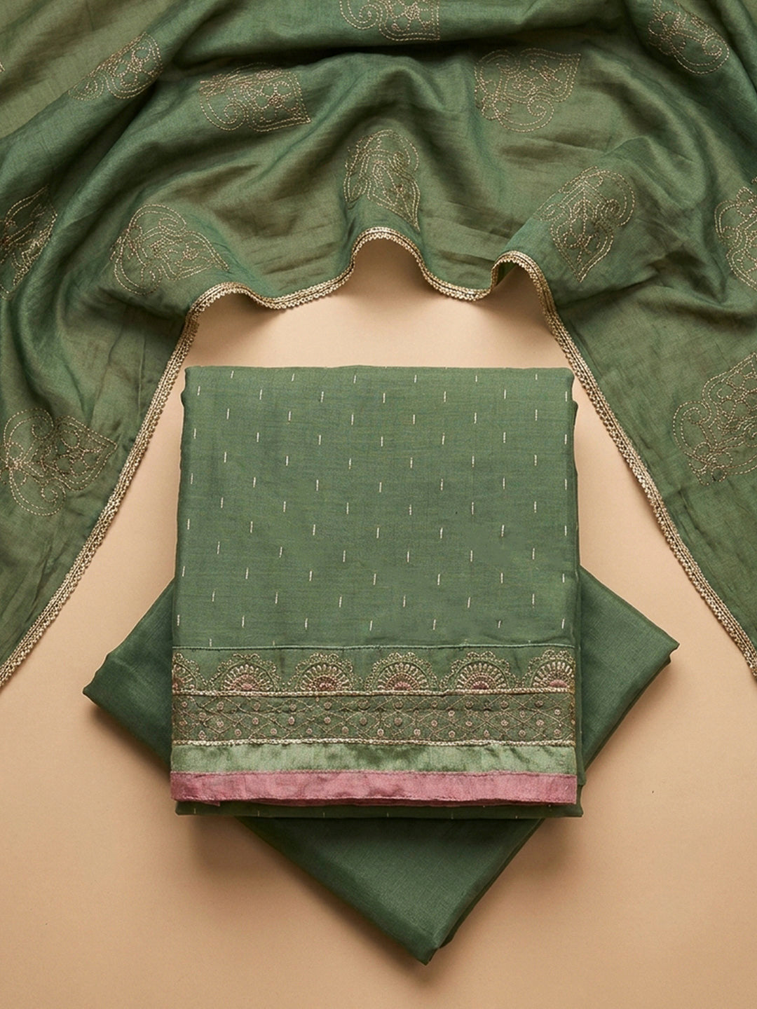 Aqua Green Yoke Embroidery Chanderi Unstitched Dress Material