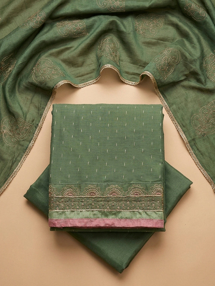 Aqua Green Yoke Embroidery Chanderi Unstitched Dress Material