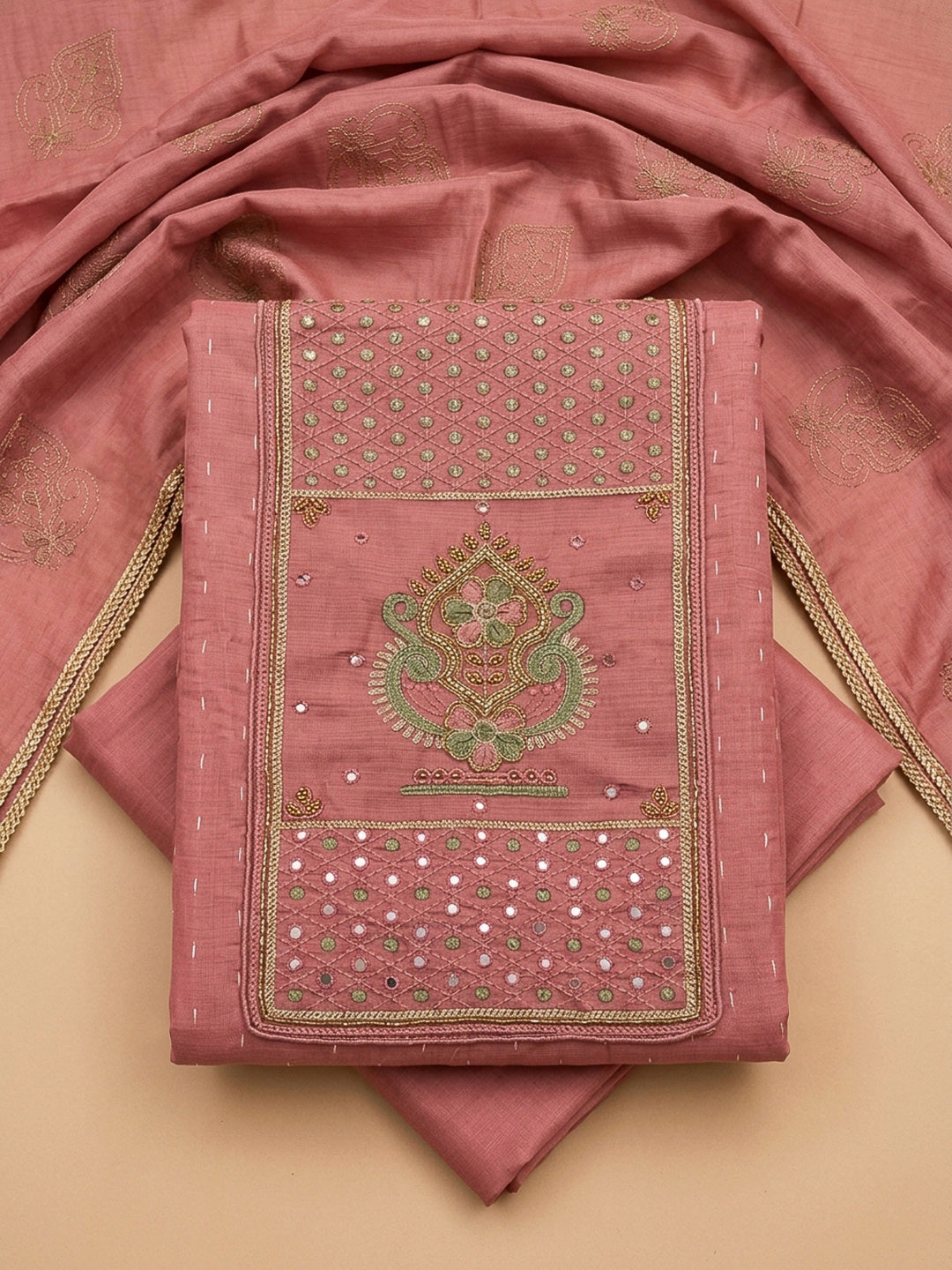 Peach Yoke Embroidery Chanderi Unstitched Dress Material