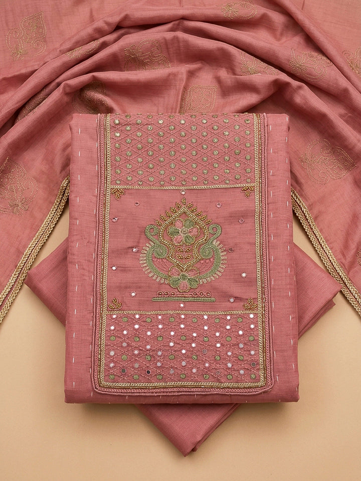 Peach Yoke Embroidery Chanderi Unstitched Dress Material