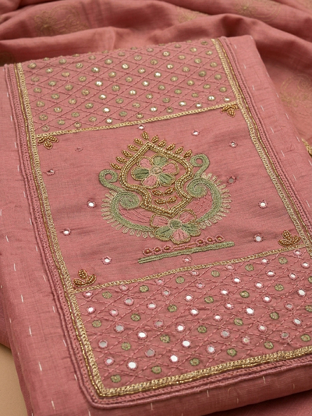 Peach Yoke Embroidery Chanderi Unstitched Dress Material