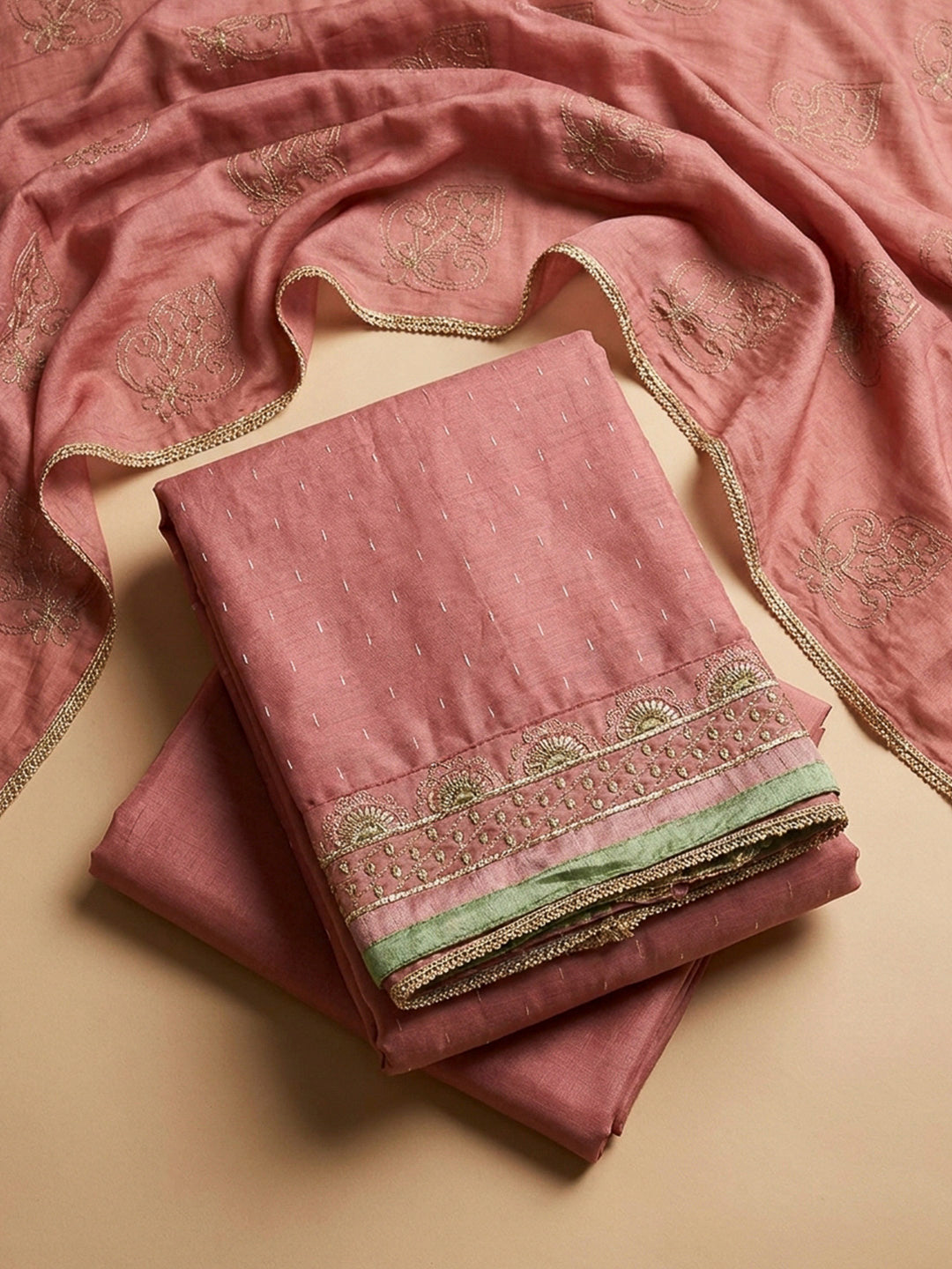 Peach Yoke Embroidery Chanderi Unstitched Dress Material
