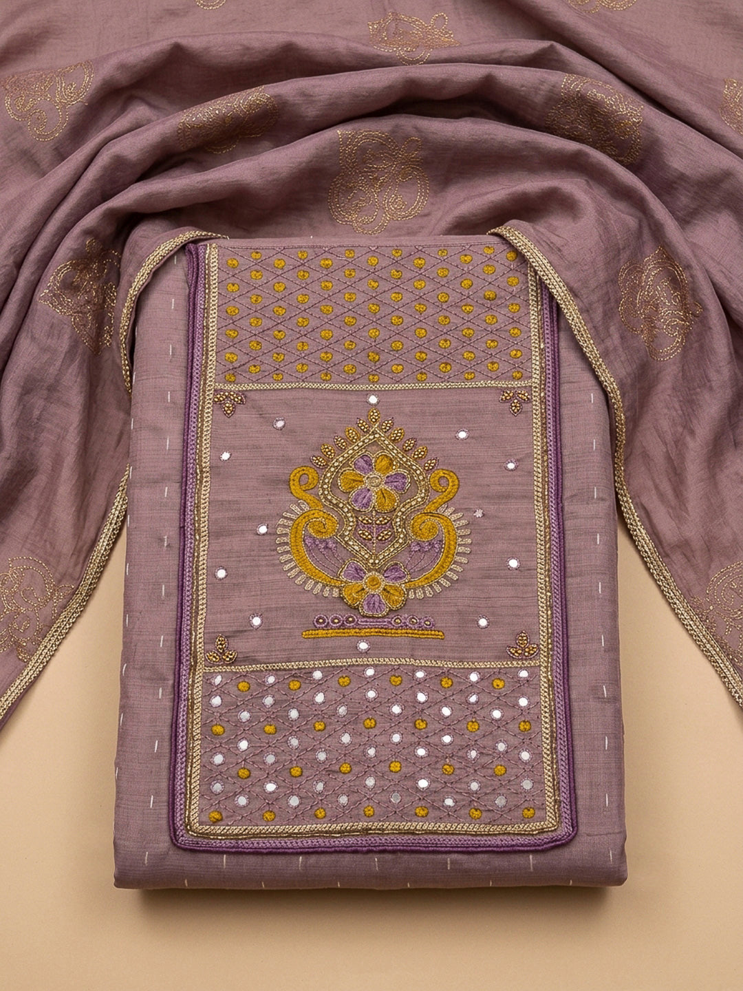 Purple Yoke Embroidery Chanderi Unstitched Dress Material
