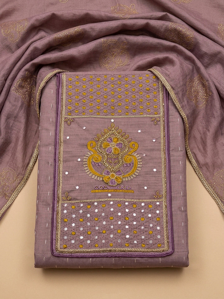 Purple Yoke Embroidery Chanderi Unstitched Dress Material