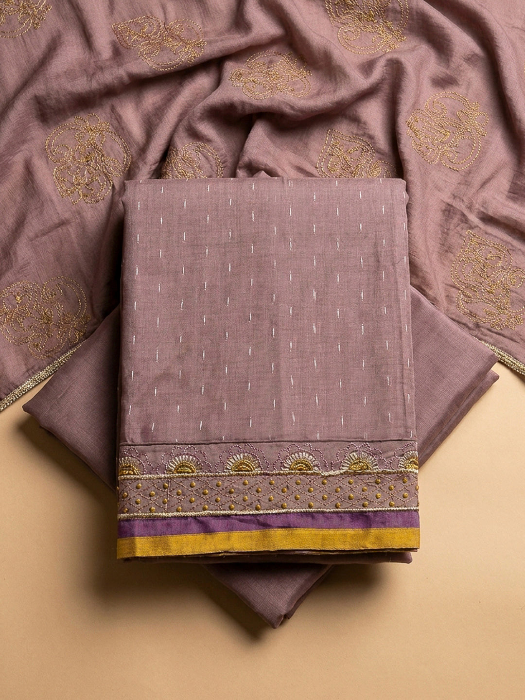 Purple Yoke Embroidery Chanderi Unstitched Dress Material