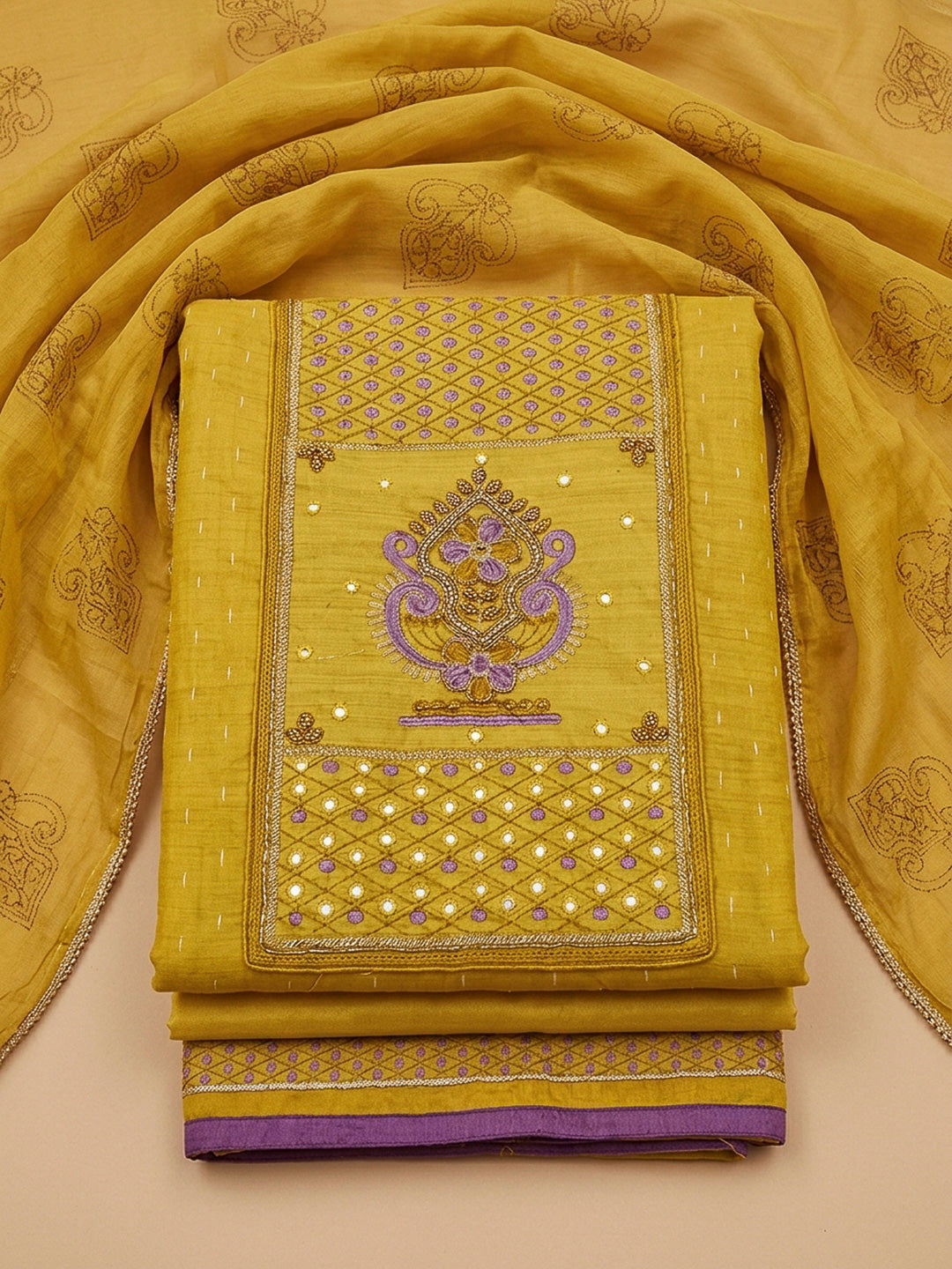 Yellow Yoke Embroidery Chanderi Unstitched Dress Material
