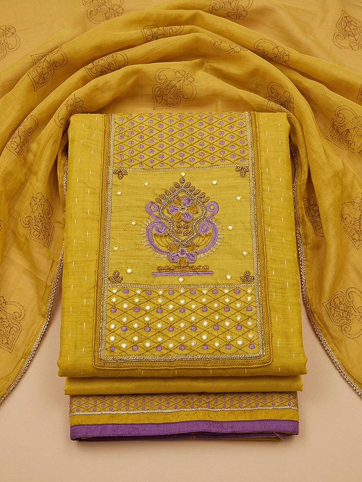 Yellow Yoke Embroidery Chanderi Unstitched Dress Material