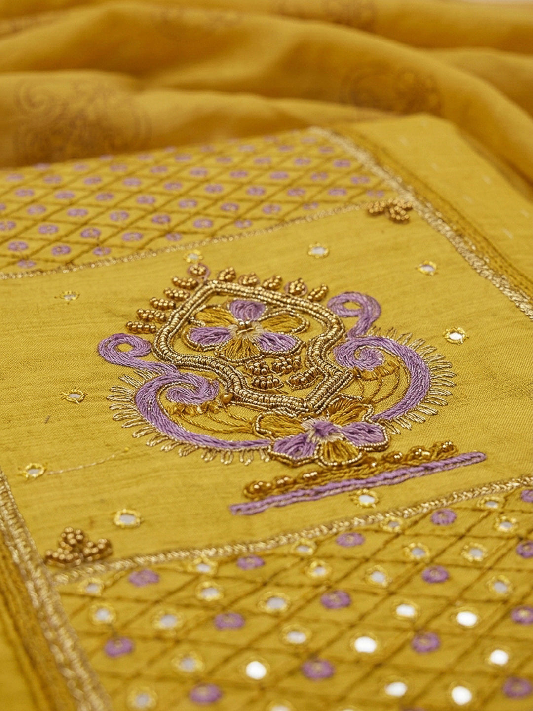 Yellow Yoke Embroidery Chanderi Unstitched Dress Material