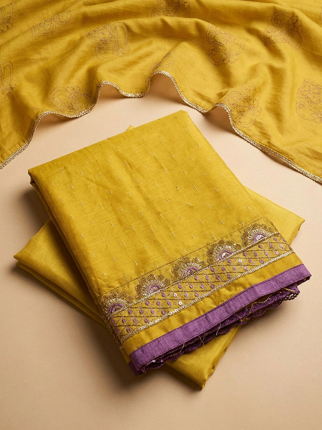 Yellow Yoke Embroidery Chanderi Unstitched Dress Material