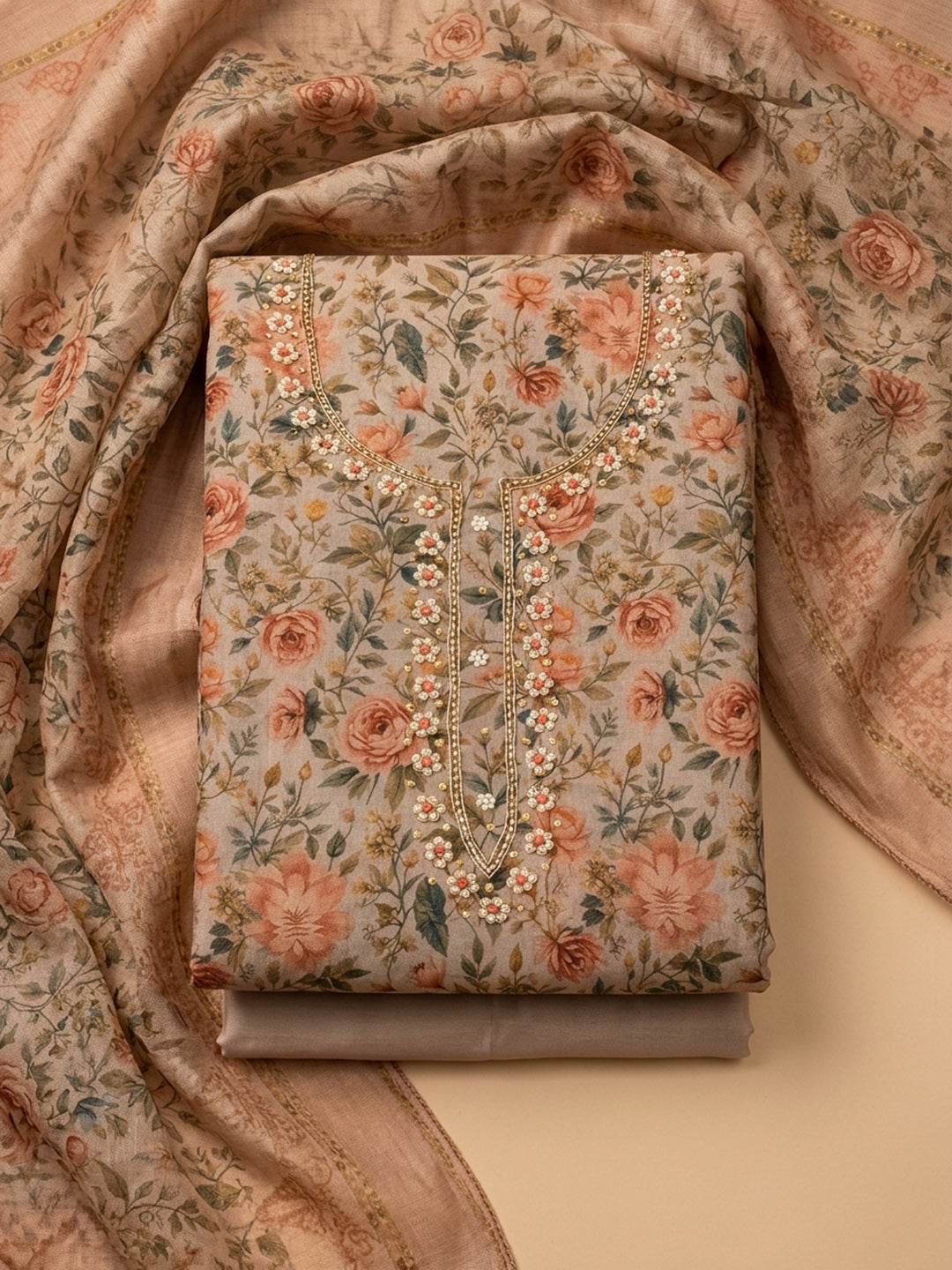 Beige  Chanderi Unstitched Dress Material