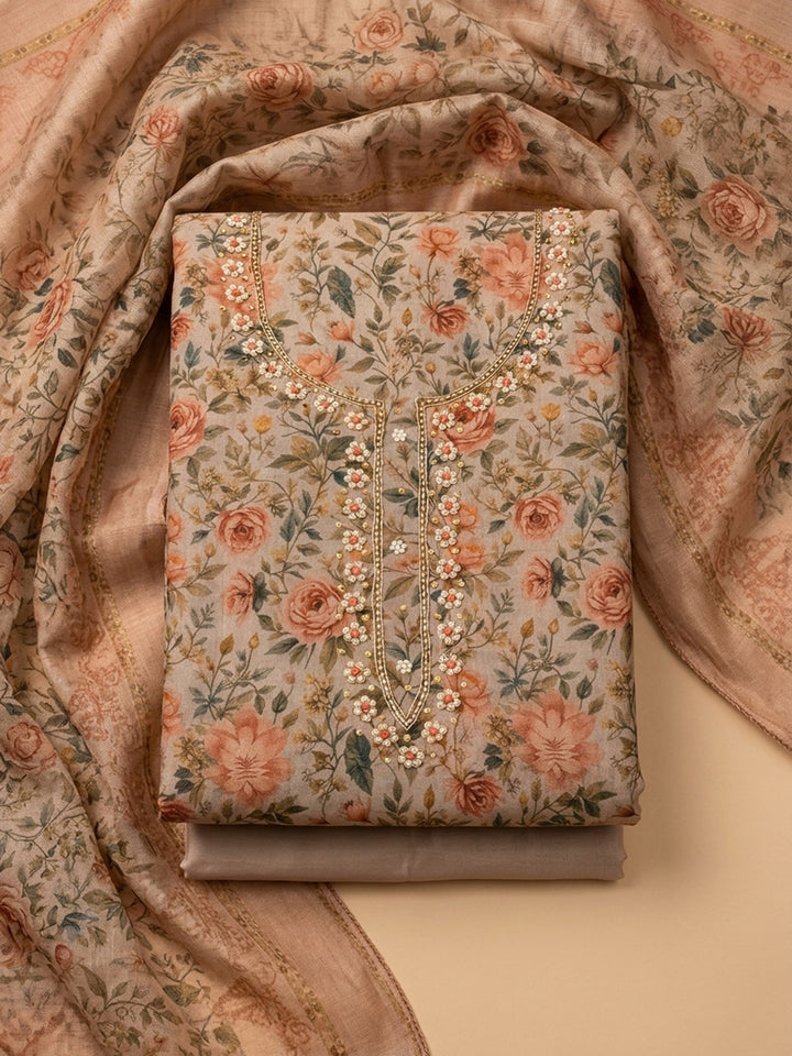 Beige  Chanderi Unstitched Dress Material