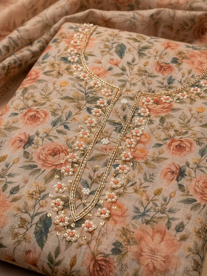 Beige  Chanderi Unstitched Dress Material
