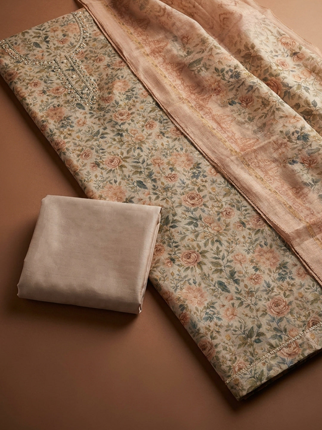 Beige  Chanderi Unstitched Dress Material