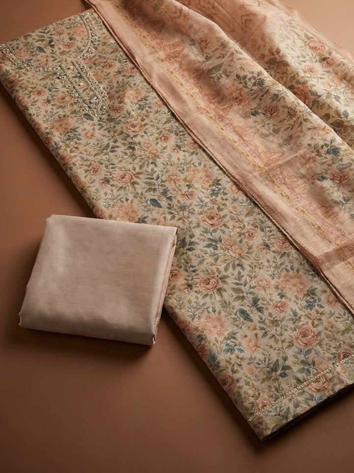 Beige  Chanderi Unstitched Dress Material