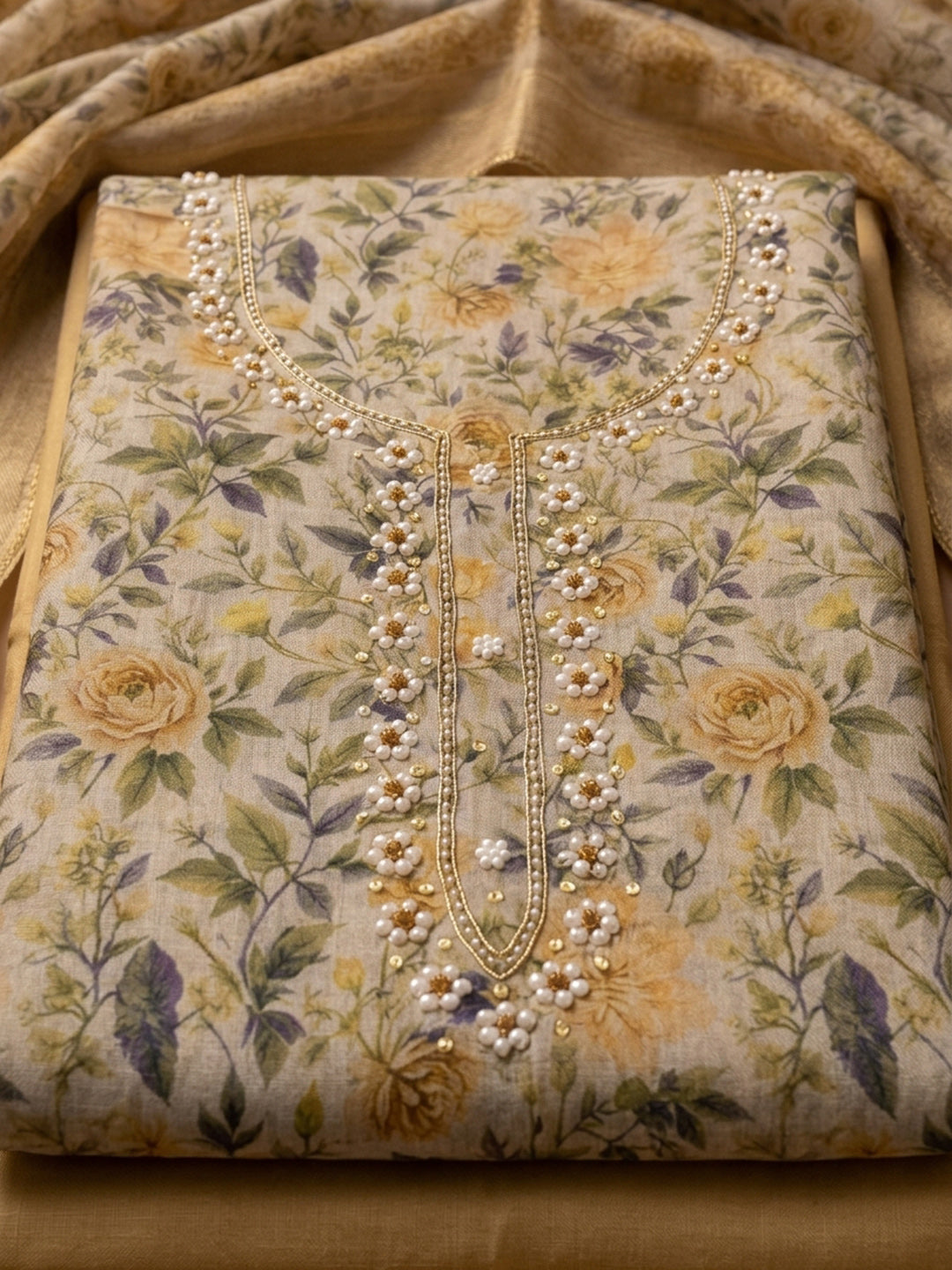 Mustard  Chanderi Unstitched Dress Material
