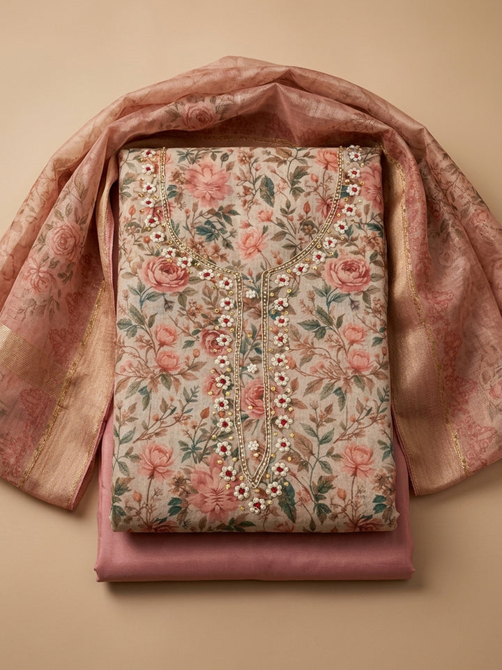 Peach  Chanderi Unstitched Dress Material