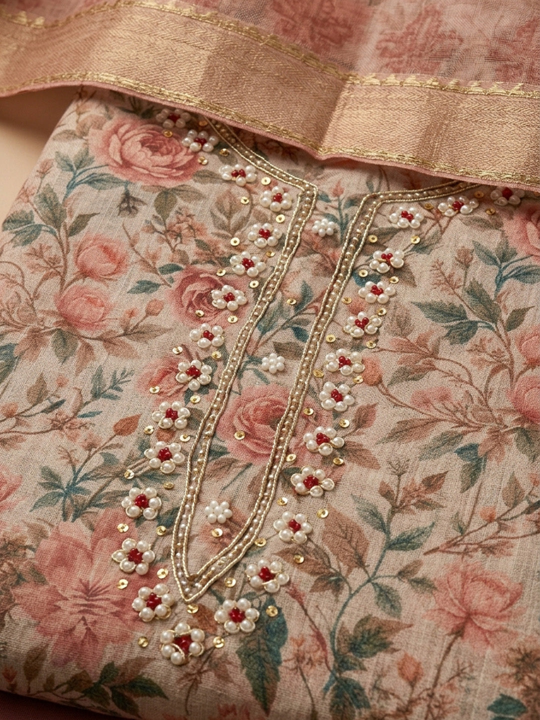 Peach  Chanderi Unstitched Dress Material