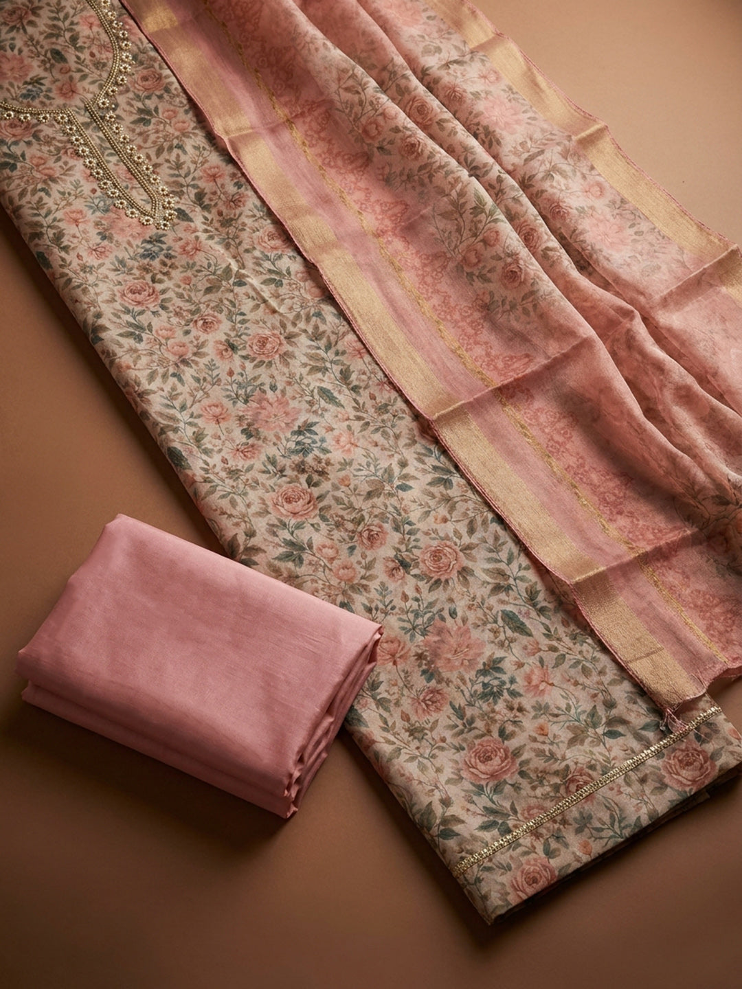 Peach  Chanderi Unstitched Dress Material