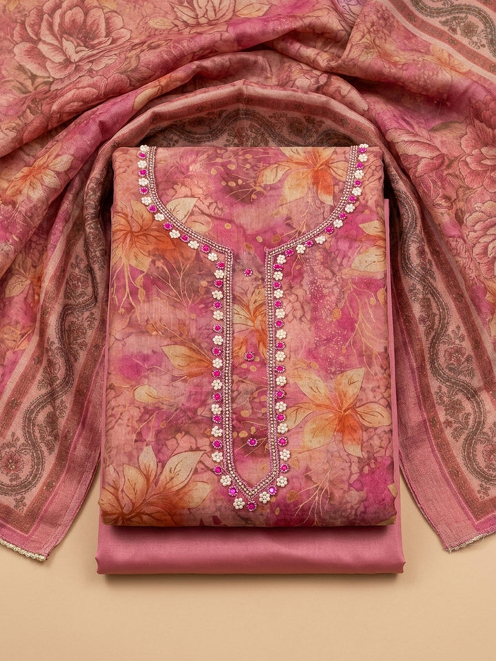 Onion Pink  Chanderi Unstitched Dress Material