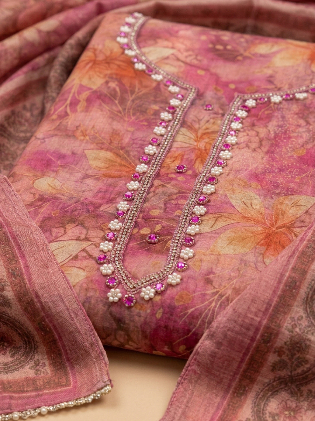 Onion Pink  Chanderi Unstitched Dress Material