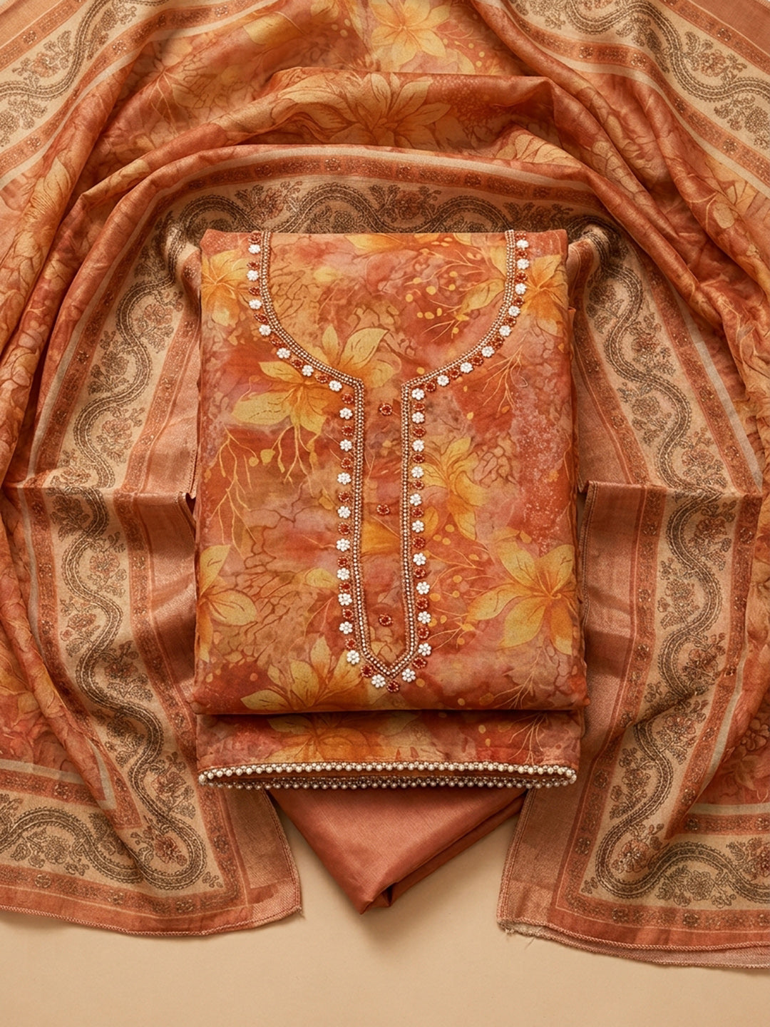Rust  Chanderi Unstitched Dress Material