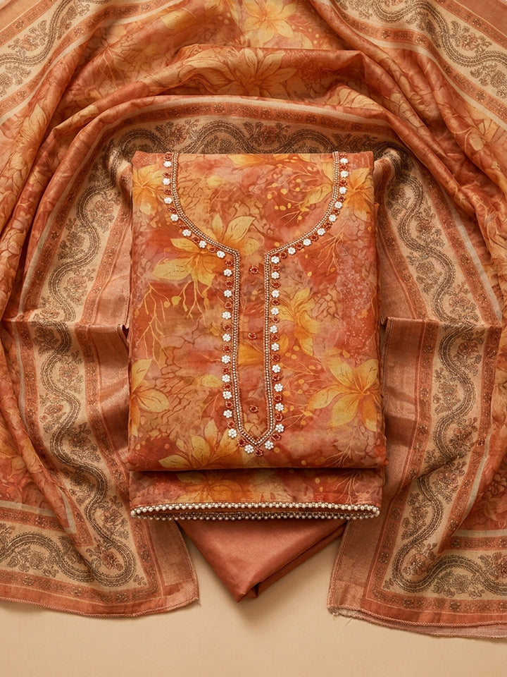 Rust  Chanderi Unstitched Dress Material