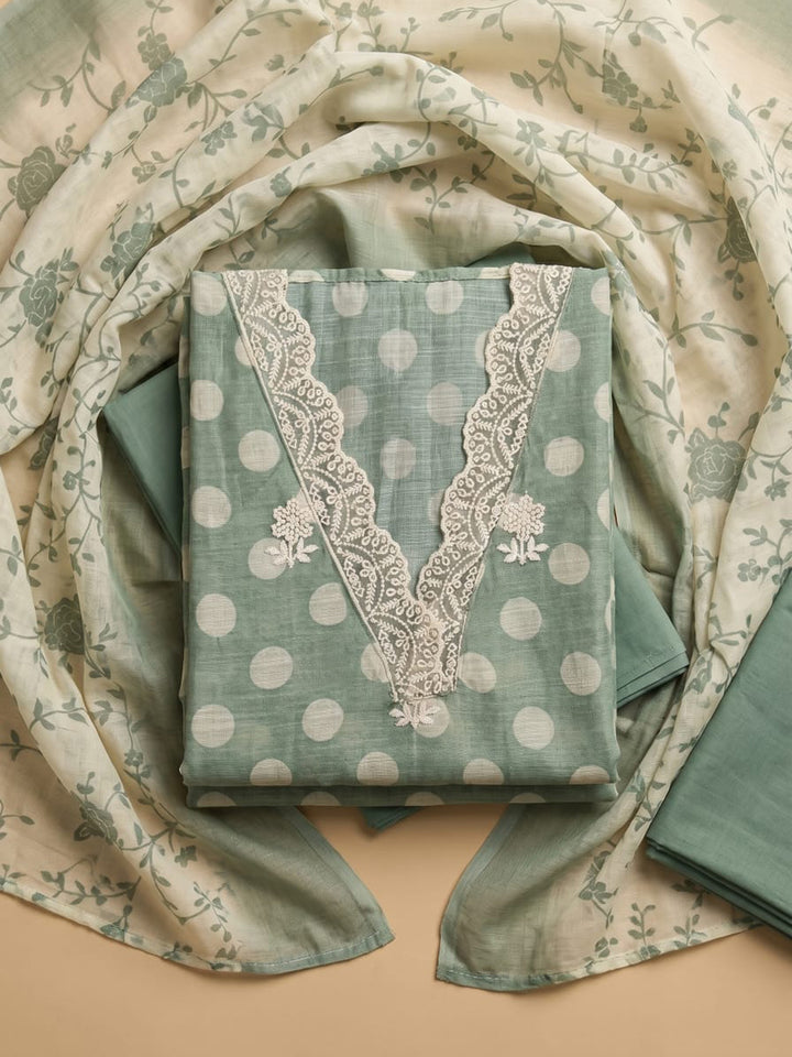Aqua Green Embroidered Linen Blend Unstitched Suit With Pant &amp; Dupatta