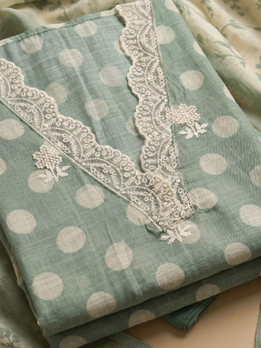 Aqua Green Embroidered Linen Blend Unstitched Suit With Pant &amp; Dupatta