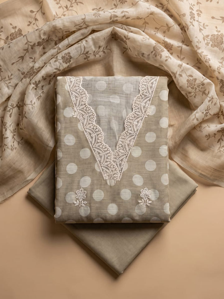 Beige Embroidered Linen Blend Unstitched Suit With Pant &amp; Dupatta