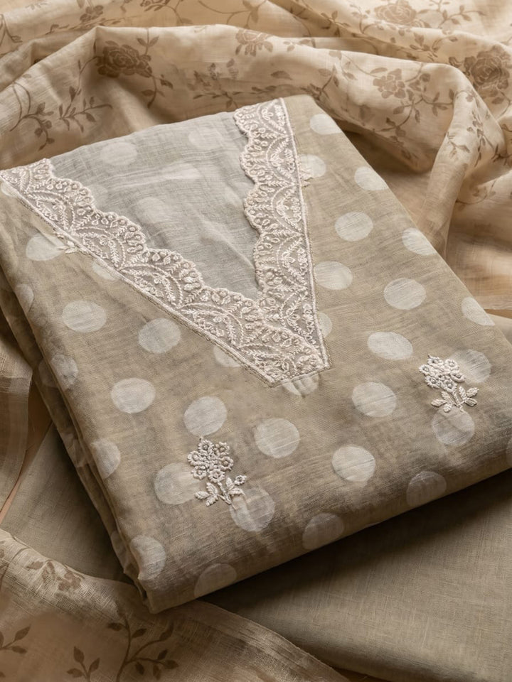 Beige Embroidered Linen Blend Unstitched Suit With Pant &amp; Dupatta
