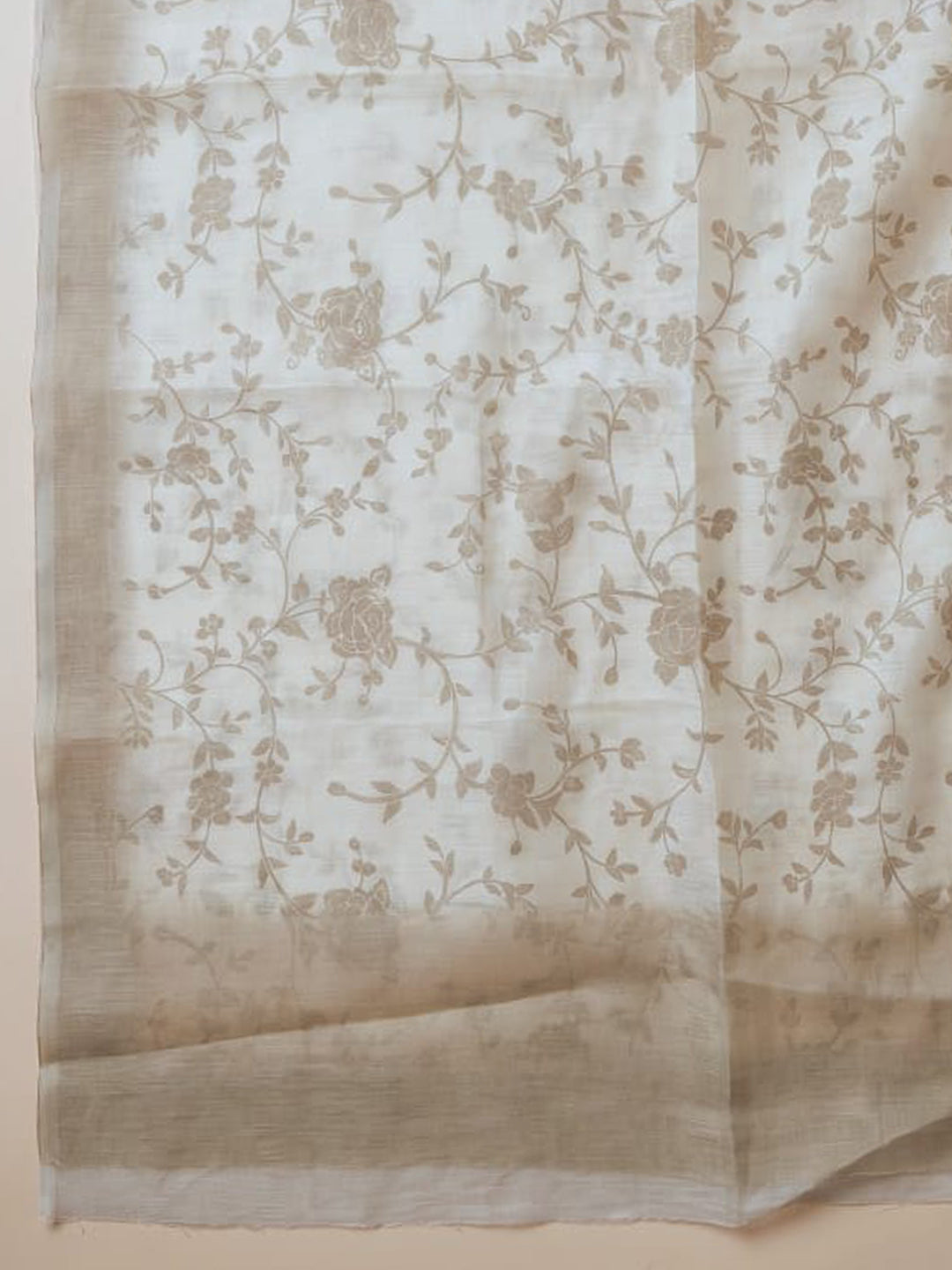 Beige Embroidered Linen Blend Unstitched Suit With Pant &amp; Dupatta