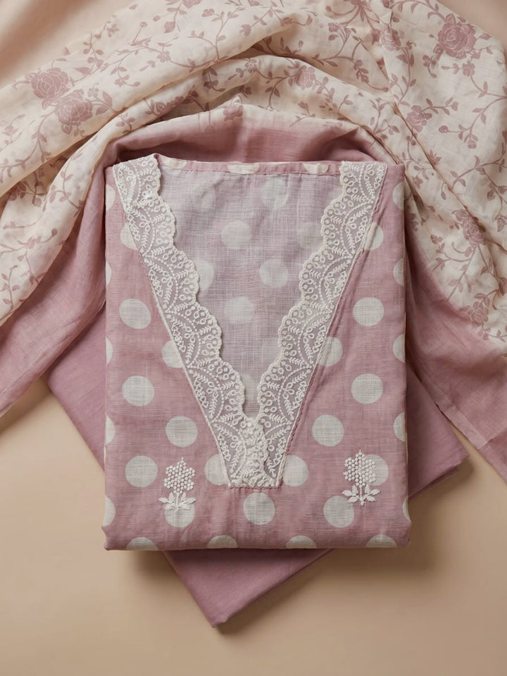 Dusty Pink Embroidered Linen Blend Unstitched Suit With Pant &amp; Dupatta
