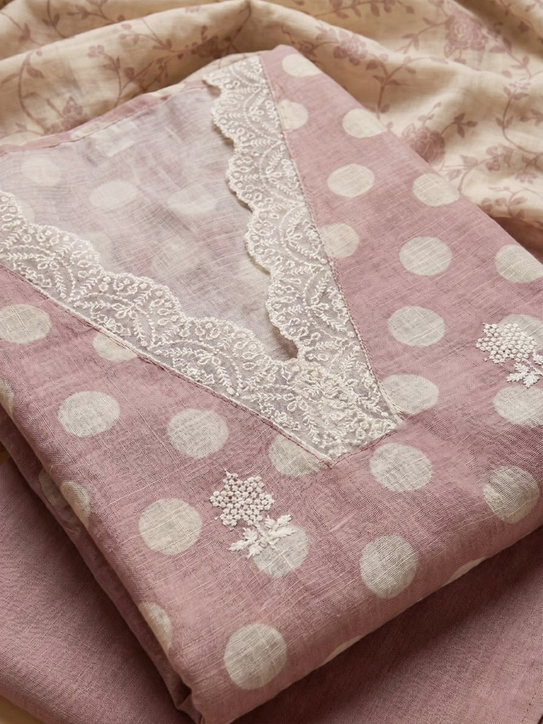 Dusty Pink Embroidered Linen Blend Unstitched Suit With Pant &amp; Dupatta