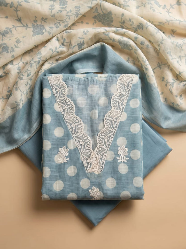 Sky Blue Embroidered Linen Blend Unstitched Suit With Pant &amp; Dupatta