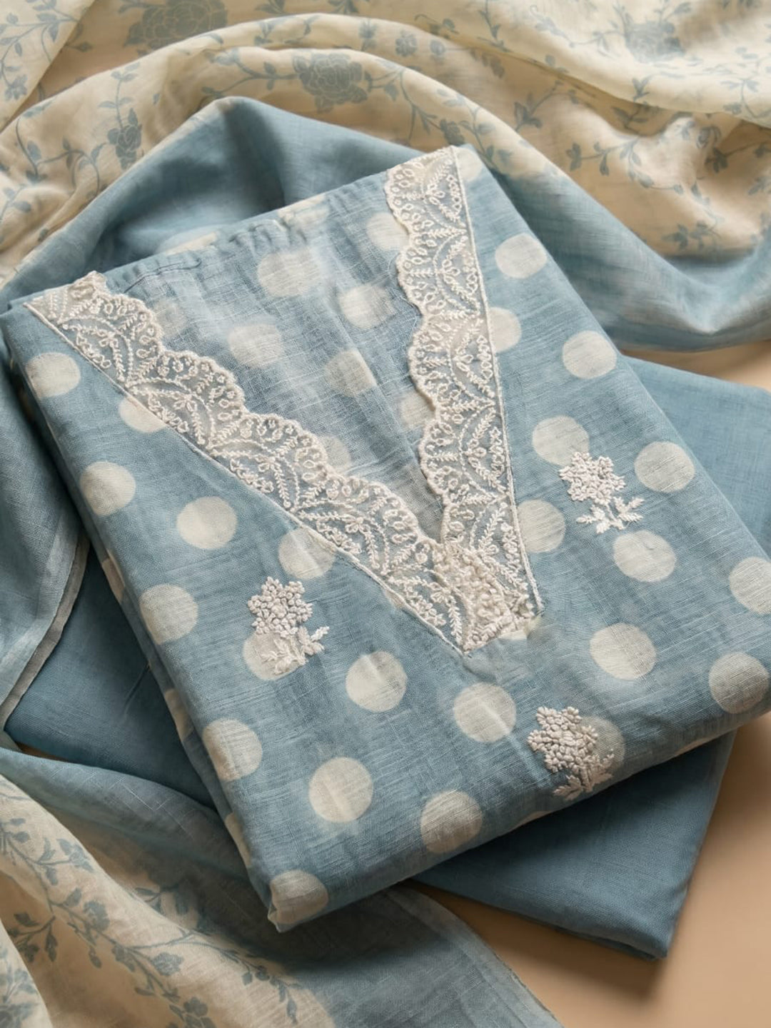 Sky Blue Embroidered Linen Blend Unstitched Suit With Pant &amp; Dupatta