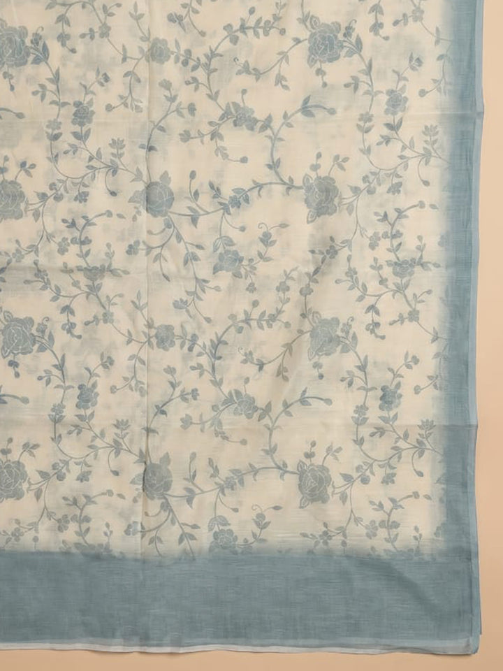 Sky Blue Embroidered Linen Blend Unstitched Suit With Pant &amp; Dupatta