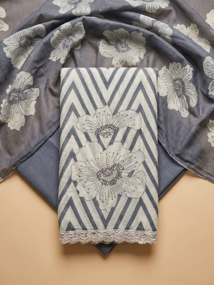 Grey Printed Linen Blend Unstitched Suit With Pant &amp; Dupatta